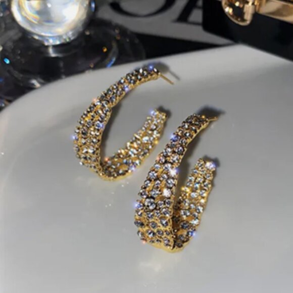 Jewelry - NEW Gold Plated Crystal Circle C Hoop Earrings